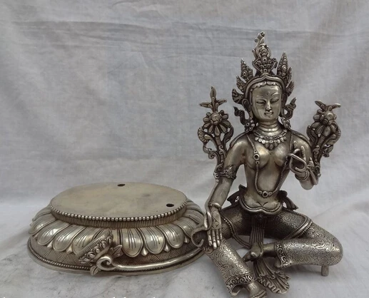 Free Shipping 002025 10&quot Tibet Silver Buddhist Style Bronze Lotus Green Tara Buddha Statue Sculpture | Дом и сад