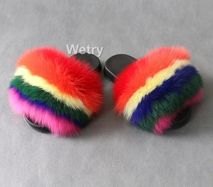 Real Fox Fur Slides Брендовые роскошные меховые тапочки; женские шлепанцы с натуральным лисьим мехом; домашние меховые плоские сандалии женские милые пушистые домашние туфли для женщин - Цвет: Real Fox Fur Slides
