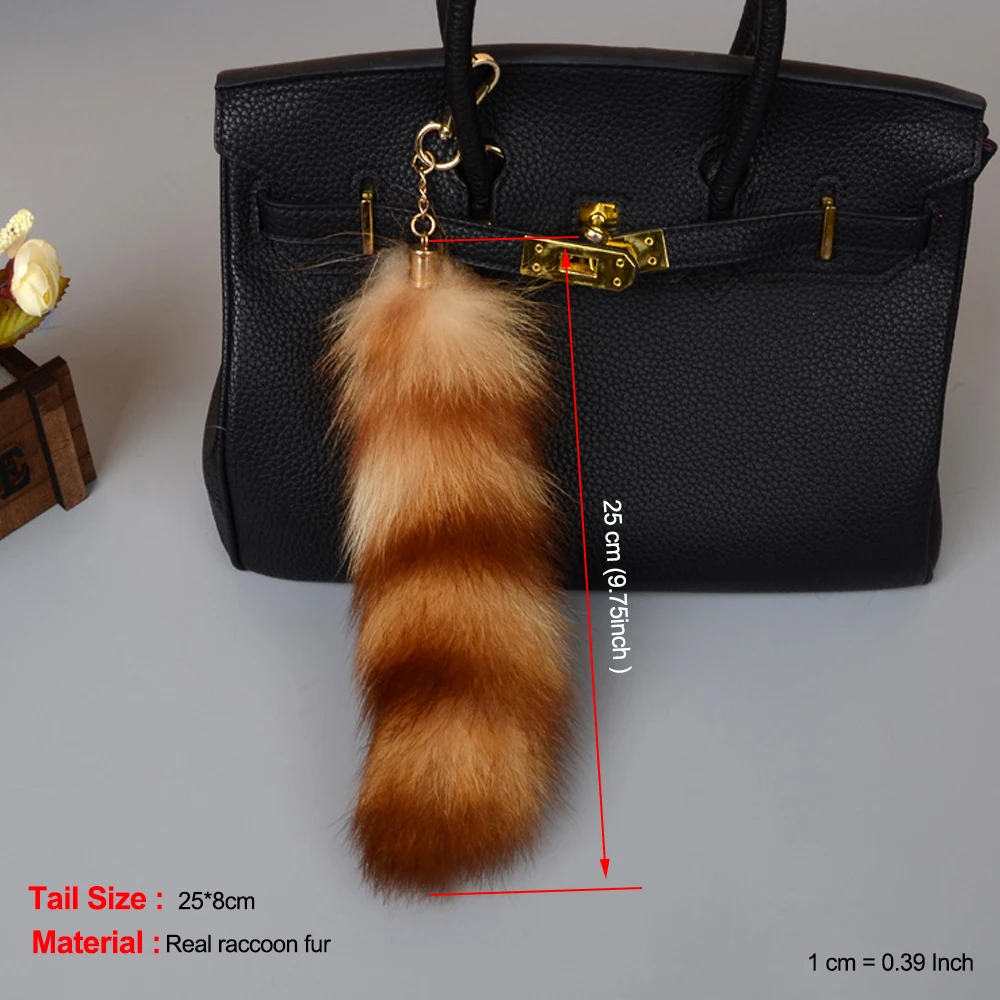 25CM Length Real Raccoon Fur Stripe Tail Keychain Charms Women Handbag Pendant Pompom Key Rings Car Styling Tassel Chians | Украшения и