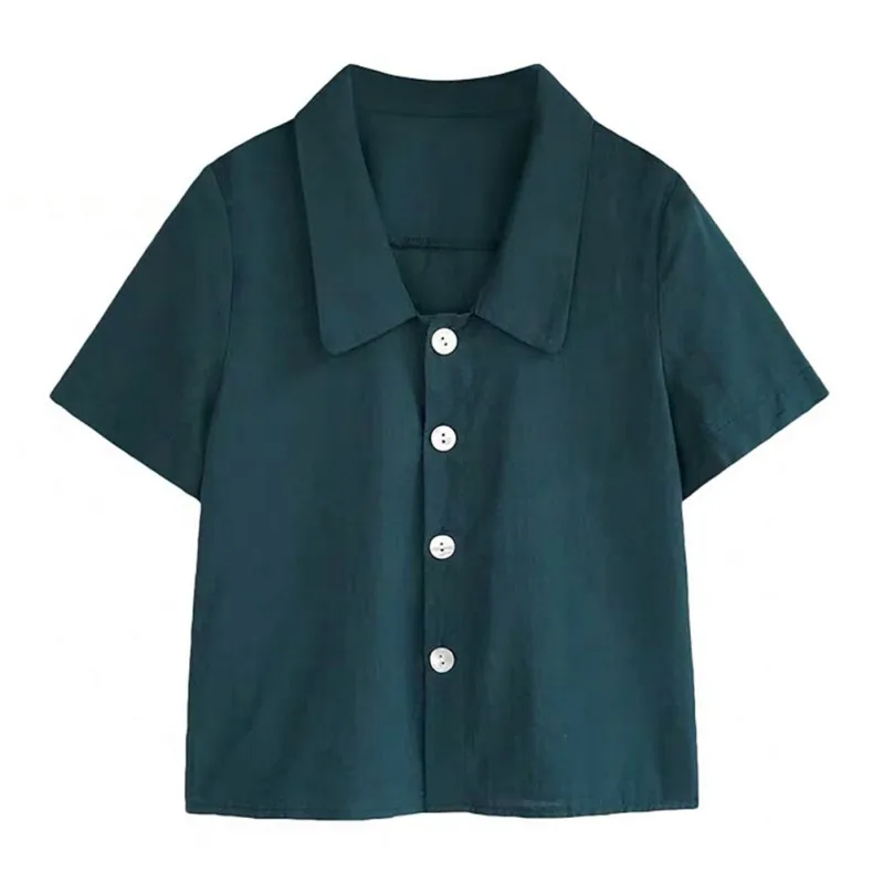 

Retro Solid Cotton Blouse Top Women Slim Short Sleeve Lapel Collar Summer Blouse Office Ladies Single Buckle Casual Blouses