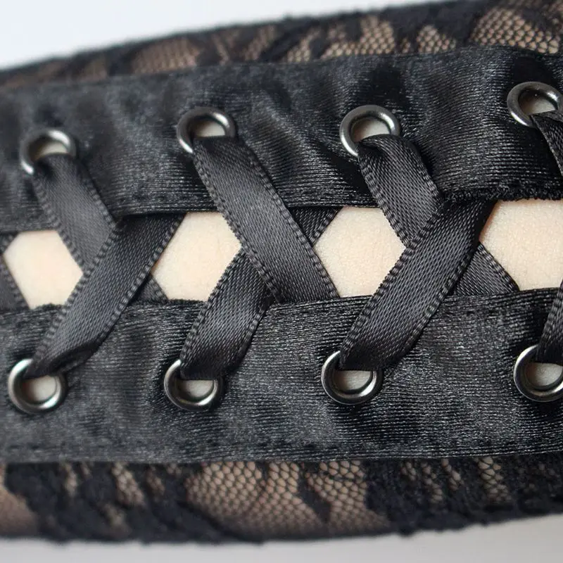 

Women Sexy Floral Lace Elbow Length Half-Finger Gloves Black String Ribbon Ties Up Disco Dance Party Fingerless Fishnet Mesh