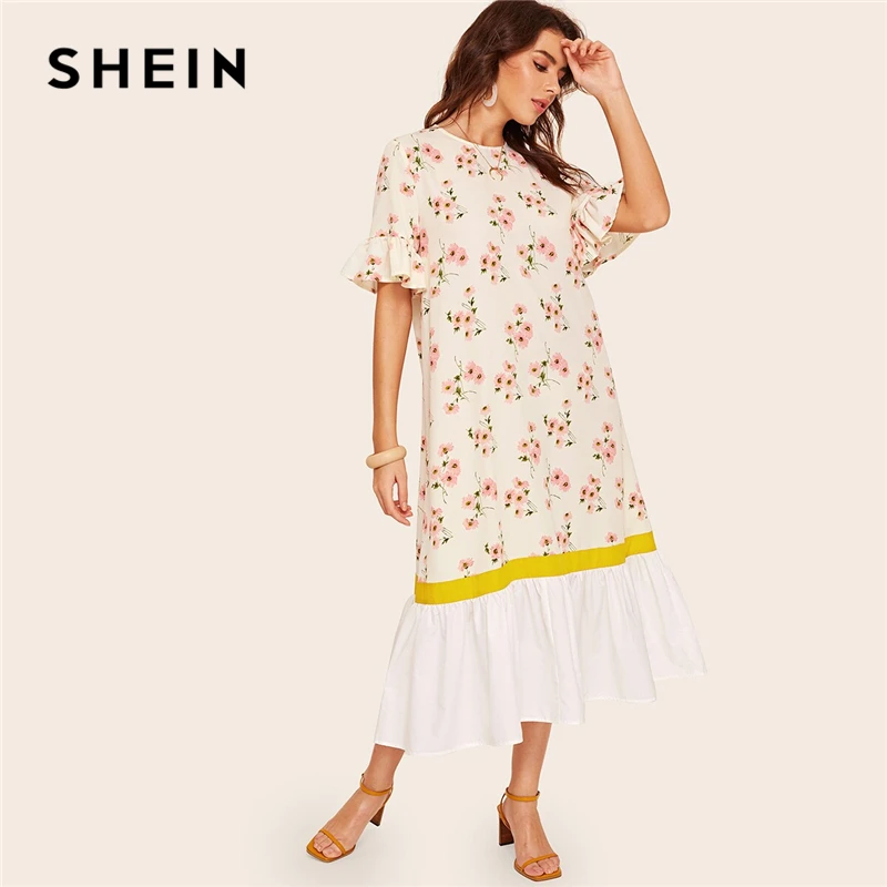 SHEIN платье с оборками, манжетами и подолом, с растительным принтом, женское белое платье с рукавами-воланами, Boho, летние платья на пуговицах