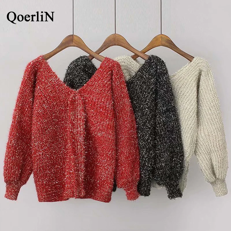 QoerliN Sexy V-Neck Sweater Winter Women Lantern Long Sleeve Pullover Lurex Loose Casual Knitting Jumper Girl Autumn New Arrival | Женская