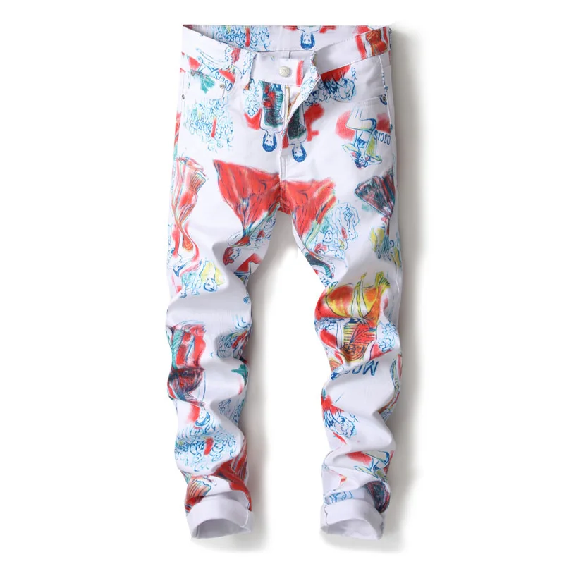 

New arrival stylish pencil pants skinny jeans for men swag pattern graffiti trousers white slim skinny stretch jean nightclub