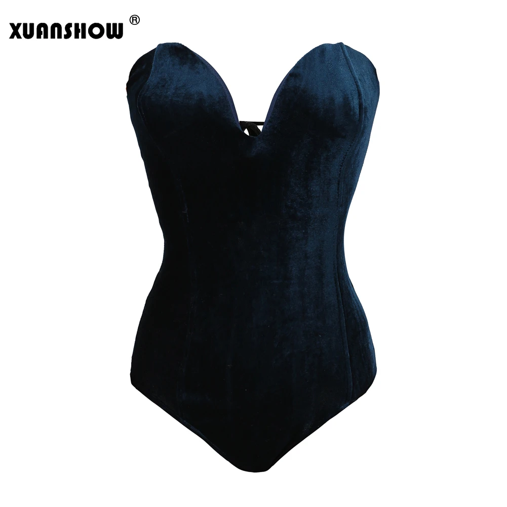 Navy Blue XUANSHOW Сексуальное Милое бюстье боди однотонные бархатные на шнуровке с открытой спиной комбинезоны летние обтягивающие элегантные женские боди - Цвет: Navy Blue