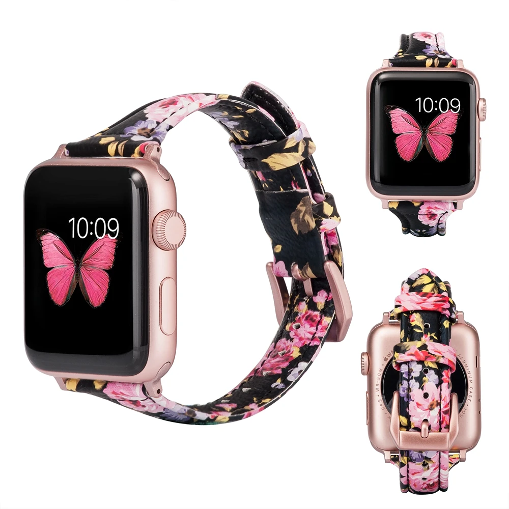 Премиум кожаный ремешок для часов для Apple Watch, гибкий браслет с цветочным принтом, 42 мм, 38 мм, ремешок для iwatch