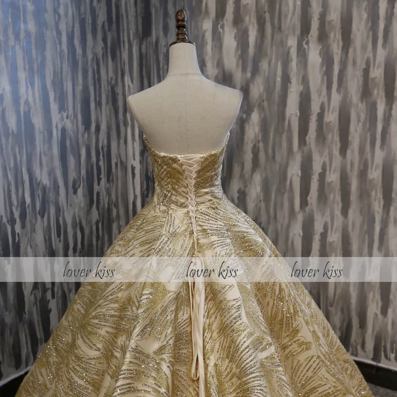 

Lover Kiss Vestido De Noiva 2021 Sparkle Gold Wedding Dress Strapless Ball Corset Bridal Marriage Ceremony Gowns robe de mariage