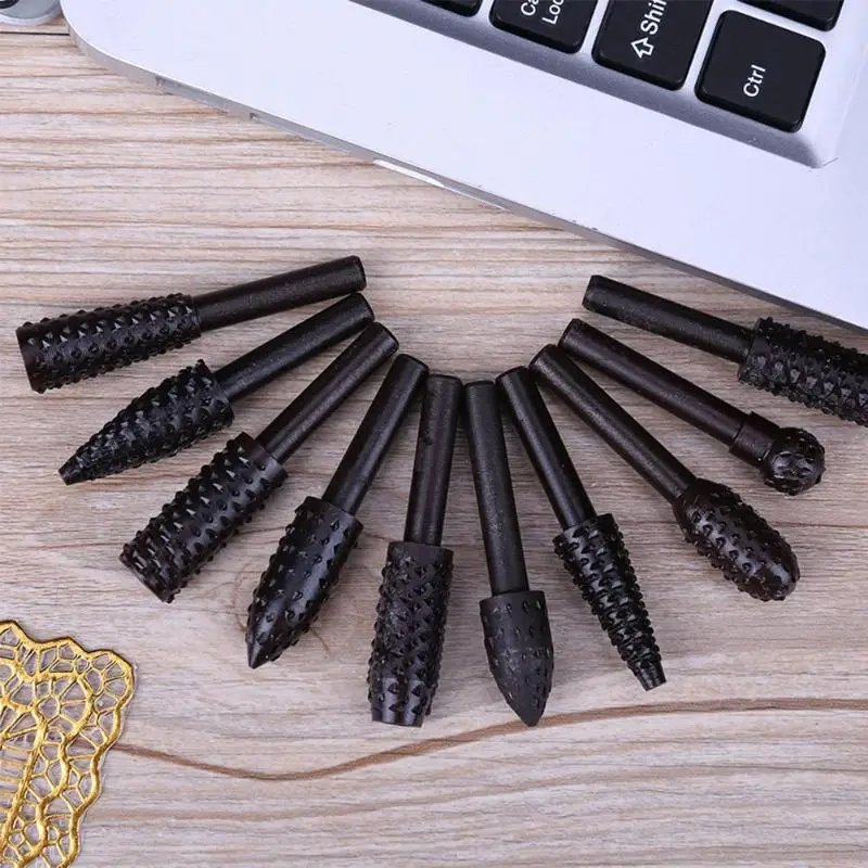 10pcs 1/4'' 6mm Shank Rotary Burr Set Wood Rasp File Drill Bits Rotary Rasp Set for Woodworking Rotary File Grinding Head