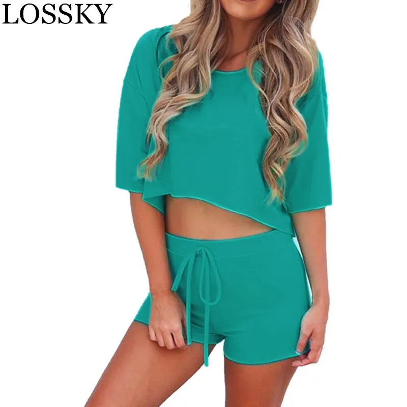 

Solid Half Sleeve O Neck Crop Top And Shorts Casual 2 Piece Set 2019 Summer Women's Fashion Casual Sports Sets Short Pants Suit