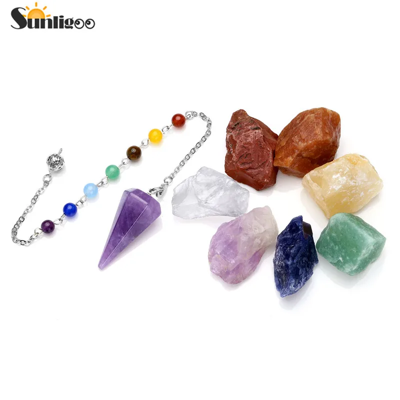 

Sunligoo 7 Chakra Healing Crystals Natural Rough Raw Stones and Gemstone Crystal Point Dowsing Pendulum Energy Meditation Set