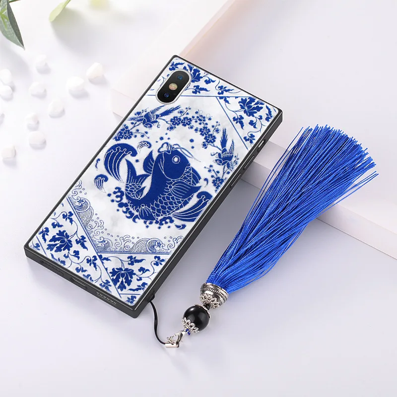 Для iPhone 11 Pro Max 11Pro XS Max XR X 8 7 Plus чехол китайский сине-белый фарфор закаленное стекло чехол ремешок для Apple 11 Funda