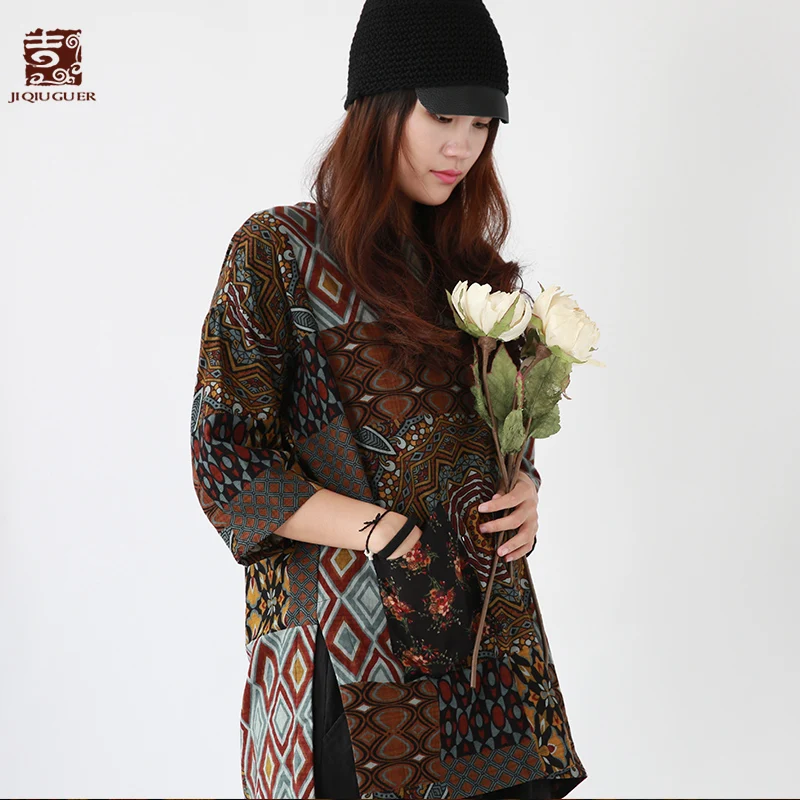 Jiqiuguer Women Coffee Floral Autumn Tops Loose O Neck Print Patchwork Pockets Three quarter Pullover Vintage T Shirts G182Y118 | Женская