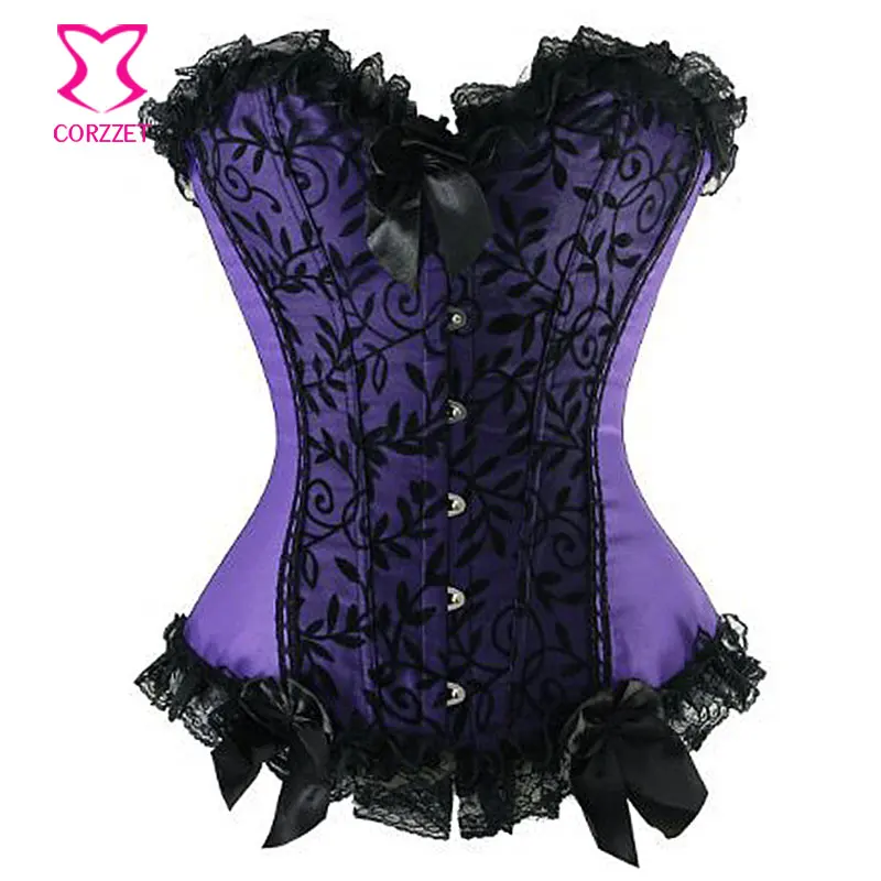

Victorian Corset Black Satin Lace Trim Corsets and Bustiers Gothic Clothing Corpetes Corseletes Sexy Korsett For Women Plus Size