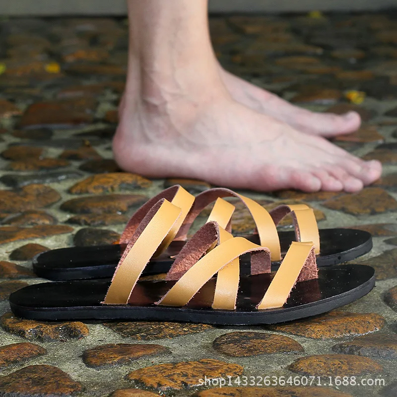 Мужские кожаные сандалии в римском стиле повседневные пляжные тапки большие