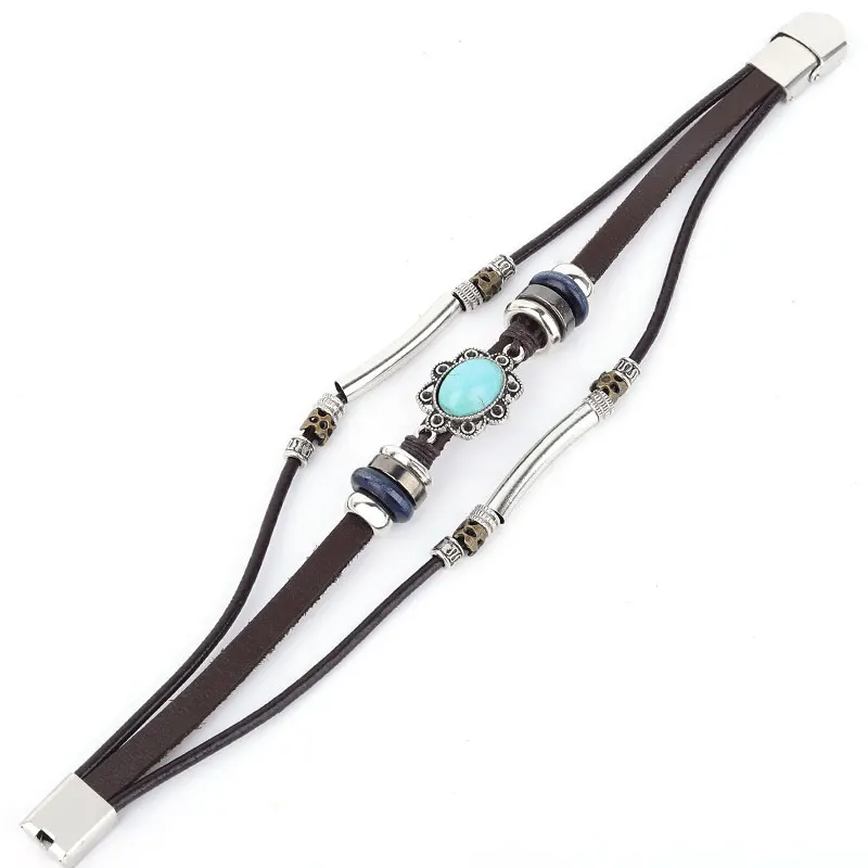 New 3PC/Set Bohemian Punk Men Leather Bracelet Blue Crystal Wrap Wristband Charm Bangle Wholesale pulseira Fashion Jewelry | Украшения и