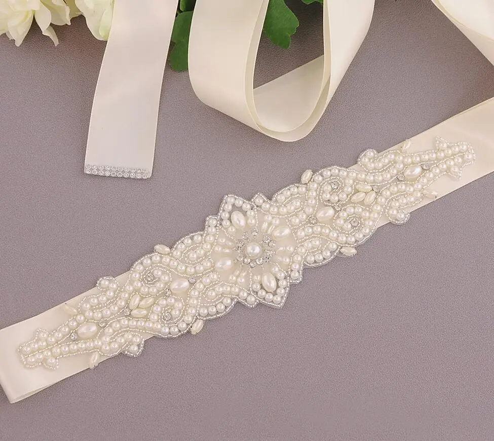 

AYiCuthia Hand Made Pearls Satin Wedding Dress Belt Luxury Sash Ribbon White Beige Bridal Belt Cinturon Novia Y19