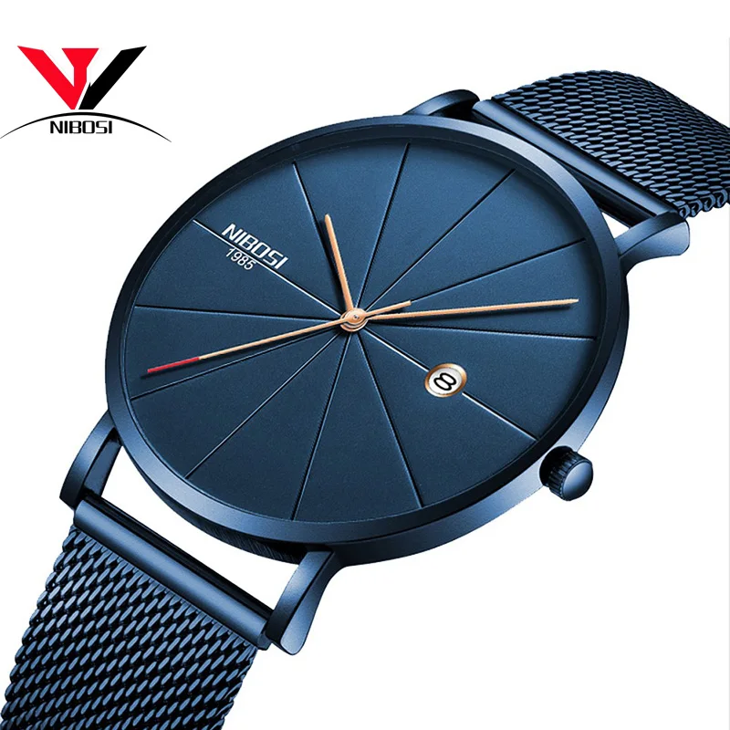 WHOLE BLUE M Relogios NIBOSI Masculino тонкие часы для мужчин люксовый бренд сетчатый ремешок водонепроницаемые золотые часы унисекс для женщин/мужчин - Цвет: WHOLE BLUE M