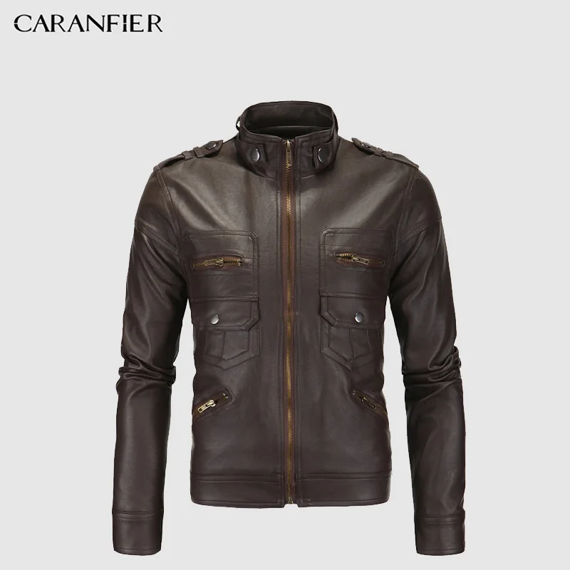 Мужские кожаные куртки CARANFIER винтажные тонкие Байкерские Куртки из