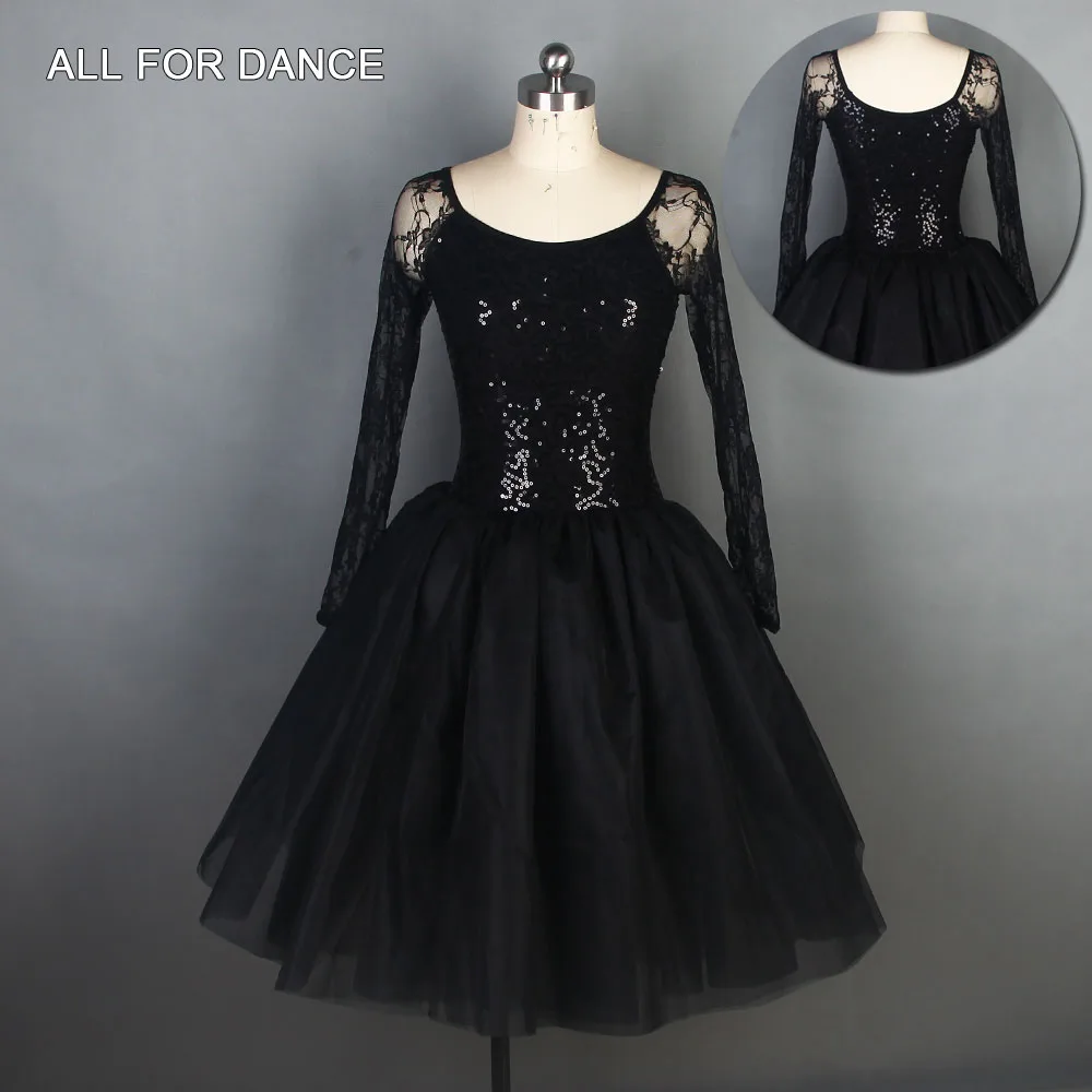 

New Black Sequin Top Dance Wear Long Sleeves Lace Ballet Dance Dress Ballerina Dance Skirt