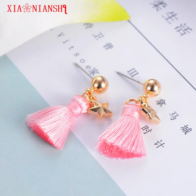 XIAONIANSHI brand the most beautiful red and green fluffy five-pointed star stud earrings fiber long tassel earrings for women