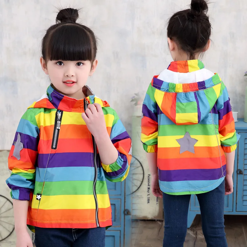 Angeltree Boys Girl Jacket Children Rainbow Color Clothing Kids Windbreaker Windproof Raincoat Outerwear Baby Hooded Coats | Детская