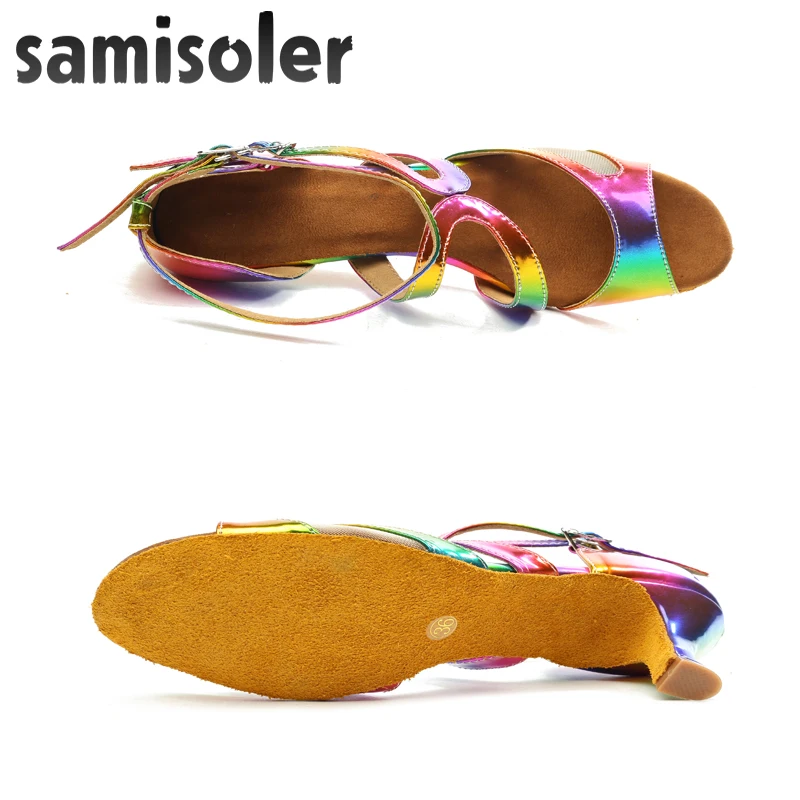 Samisoler Latin Dance Shoes Rainbow Colors bright PU Women's Salsa elegant Ballroom dancing shoes soft tango dance shoes heel