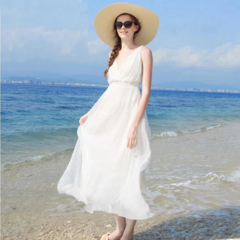

Women Silk dress White Beach dress Shell 100% Natural Silk Solid dress Holiday summer dresses V-Neck Sleeveless HOT Sell