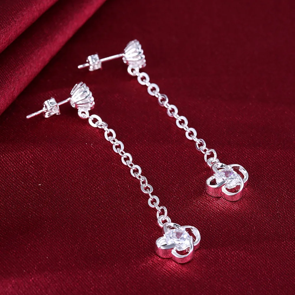 Four leaves Drop Earring 100% Real 925 Jewelry SILVER PLATED High Quality AAA Zircon Double Earrings For Women | Украшения и