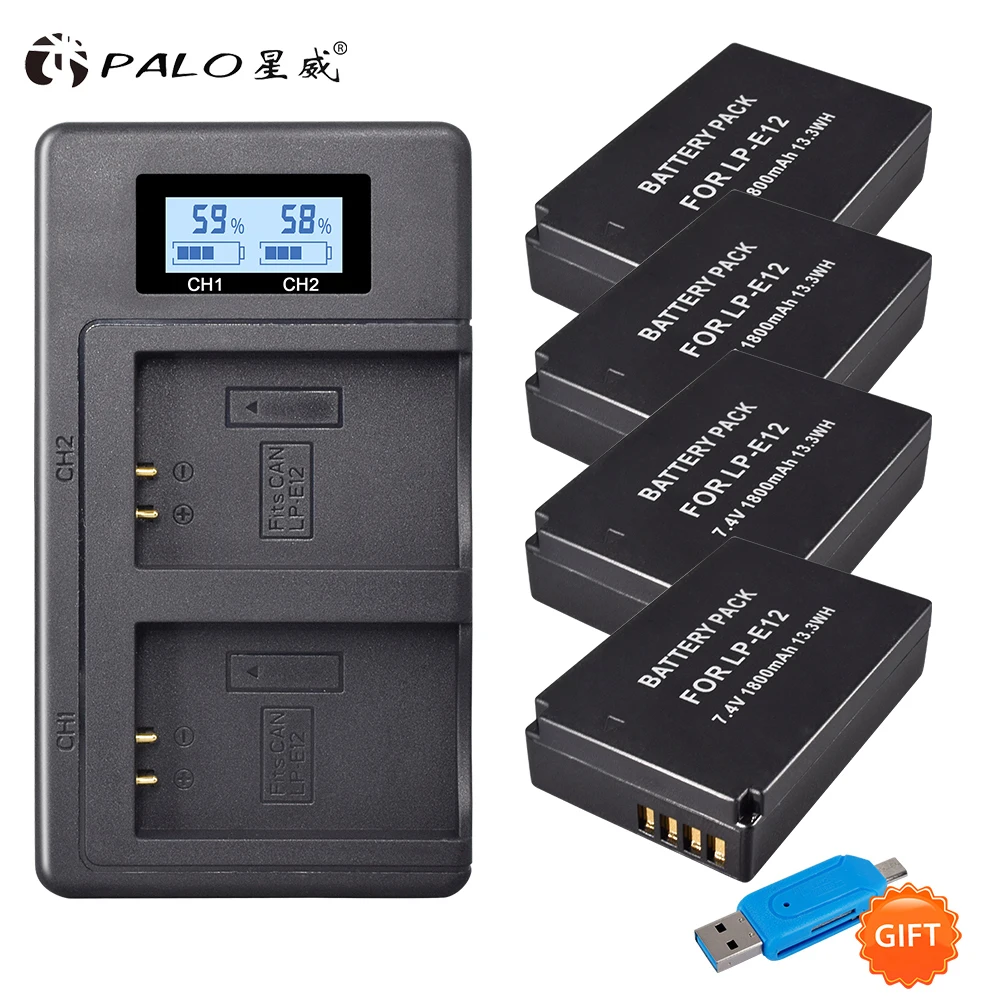 

4Pcs 1800mAh LP-E12 LP E12 LPE12 Li-ion Battery +LCD USB Dual Charger for Canon EOS M50, EOS M100,100D Kiss X7 Rebel SL1 Camera