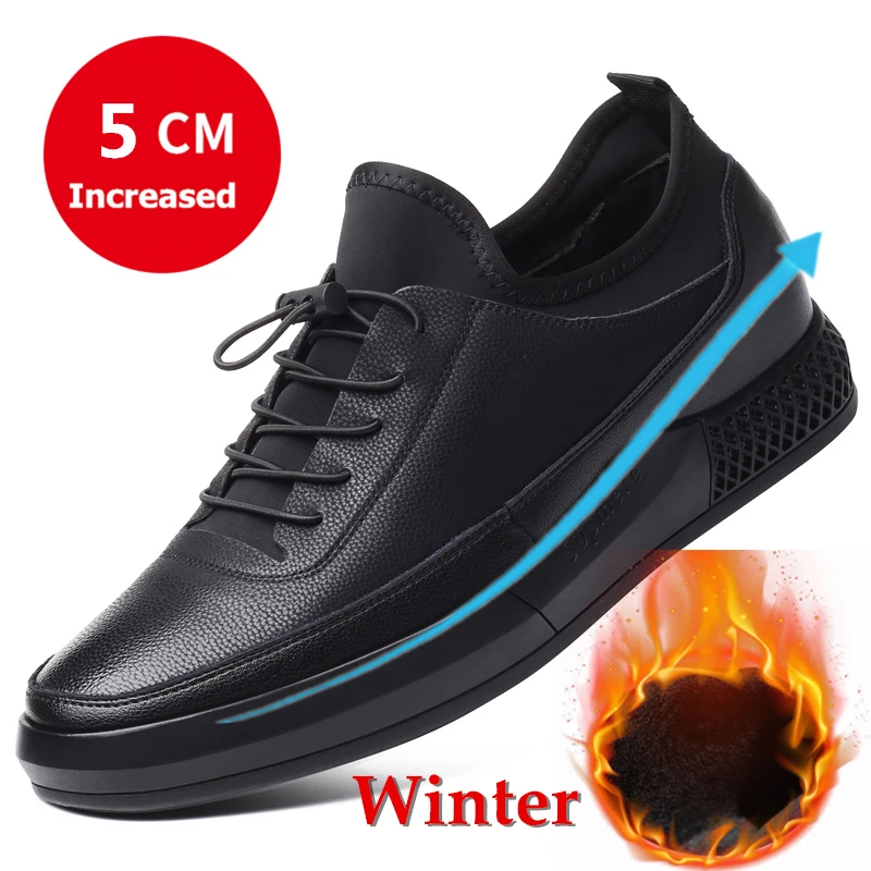 Winter 5 CM Black Misalwa/повседневные мужские кроссовки из кожи, увеличивающие рост, на 5 см; мужская обувь, увеличивающая рост; повседневная обувь на толстой подошве для молодых мужчин; сезон весна-осень - Цвет: Winter 5 CM Black
