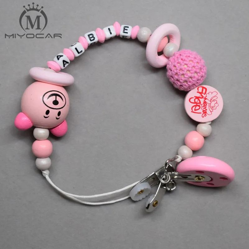 

MIYOCAR Personalised Any name lovely 3D bear doll pink wooden beads dummy clip holder pacifier clip soother chain teether clip