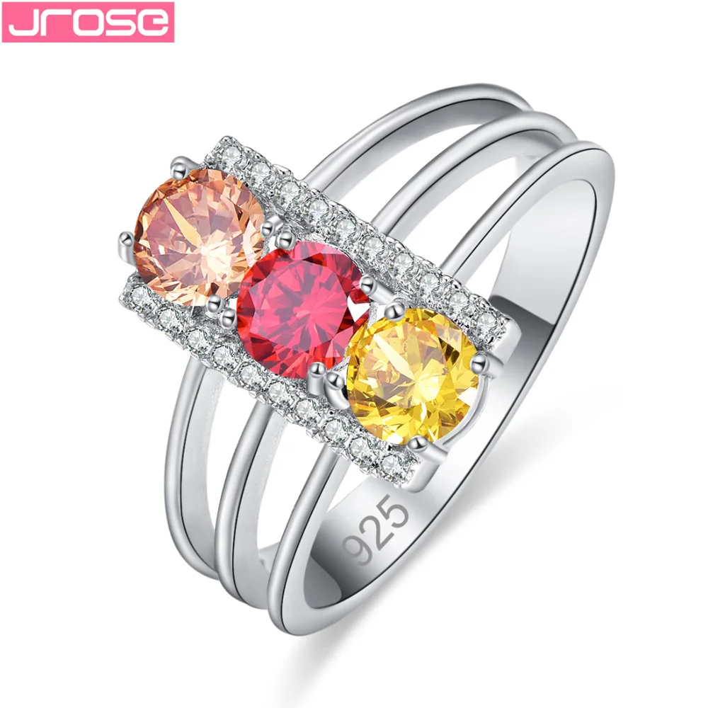 

JROSE Sexy Lady Gorgeous Party Round Cut Jewelry Red Blue Yellow Cubic Zirconia Silver Ring Size 6 7 8 9 Jewelry For Women