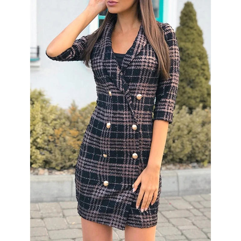 Клетчатое Полосатое двубортное платье женское с коротким рукавом twee bodycon Платье