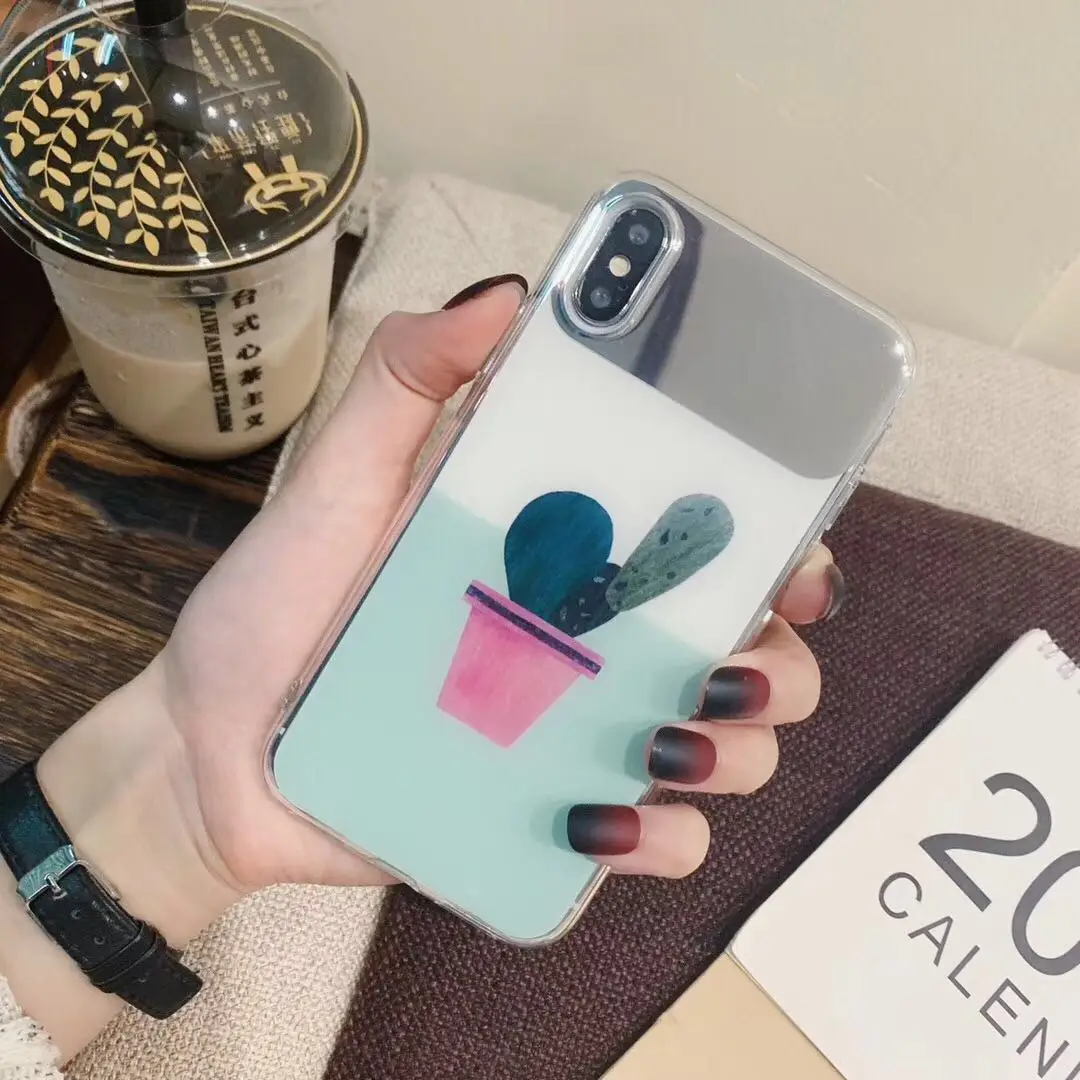 Green Fresh Painted Cactus Mirror Case for Iphone Xs Max Retro Glossy Clear Tpu Silicon Xr 6s 7 8plus Back Cover |
