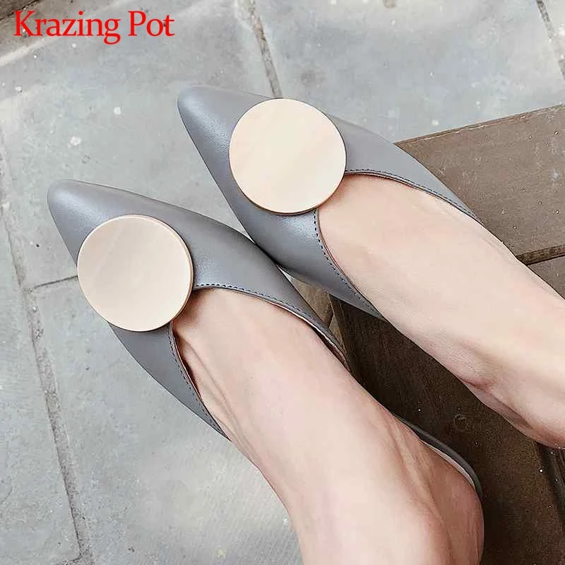 Krazing Pot/; натуральная кожа; острый носок; металлические украшения; женская повседневная обувь; слипоны; Европейский стиль; босоножки на высоком каблуке; художественный дизайн; l29