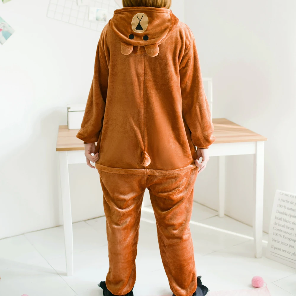 Brown bear Pajamas Sets Winter Autumn Sleepwear Unisex Adult Flannel Hooded Cartoon Animal Onesie For Women Men Girls | Женская одежда