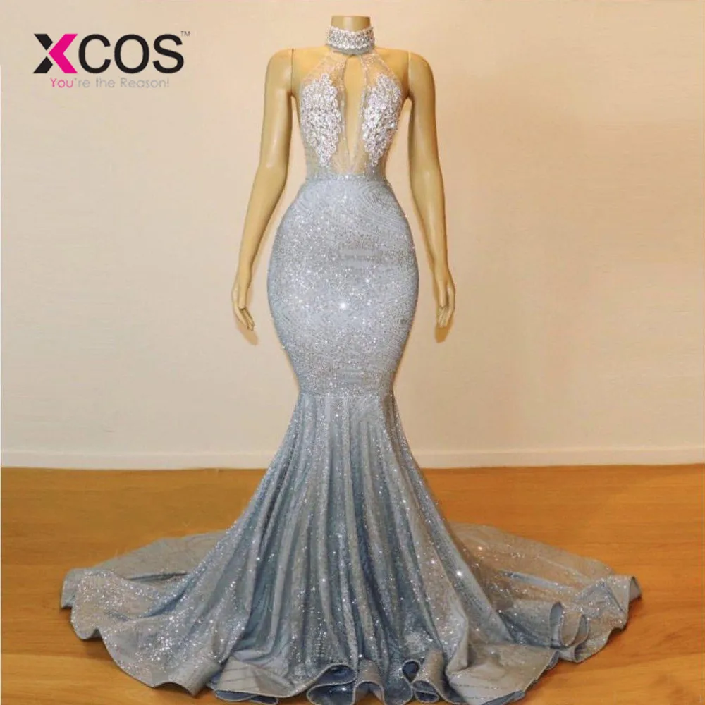 XCOS 2019 Sparkly Silver Sheer High Neck Mermaid Prom Dresses Long Lace Sequins Beaded Backless Chic Evening Gowns Formal Party | Свадьбы и