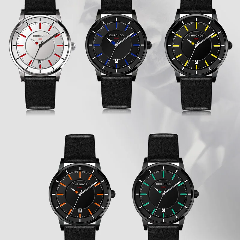 Модные мужские часы CHRONOS с датой корпус из нержавеющей стали искусственная кожа