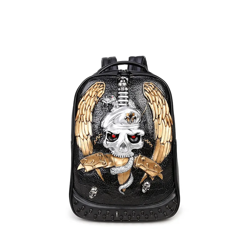 

Hot Men Backpack Rivet 3D Skull Sword Embossed Shoulder Bag Travel Backpack Restore Halloween Cool alligator Leather laptop Bags