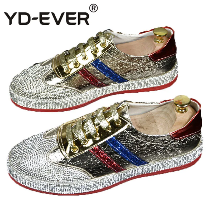 Casual Men Sneakers Luxury Brand Silver Shoes Spring Lace Up Skate European Trainers Italy Patent Leather Gold Nice Rhinestone | Обувь