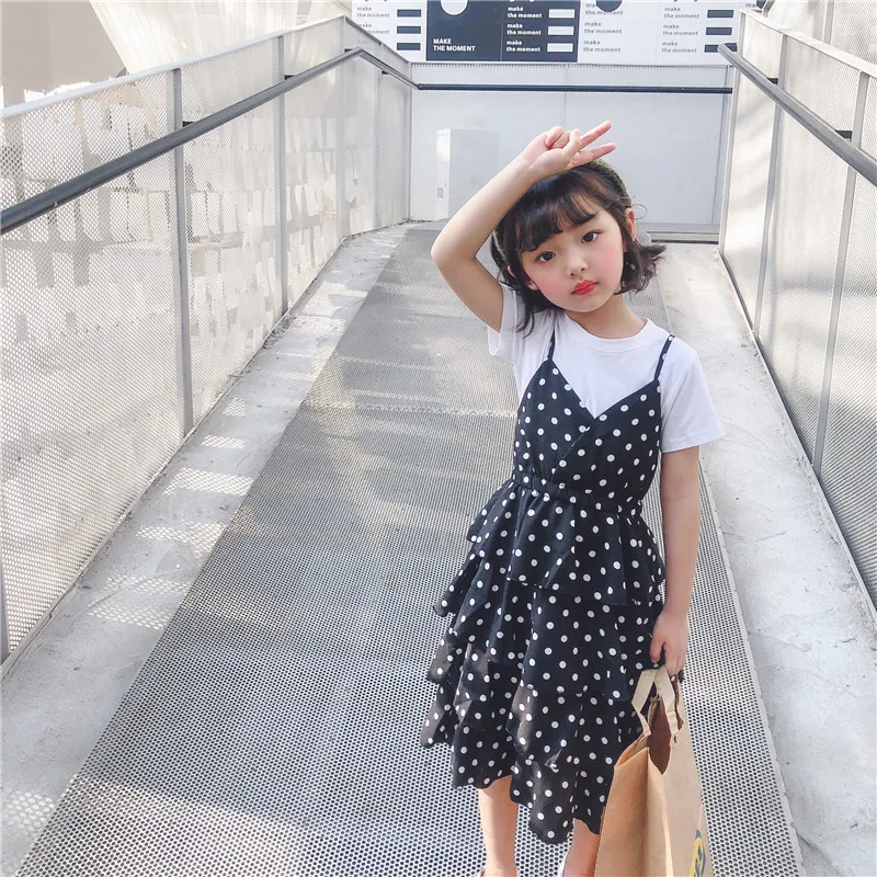 2019 Summer New Arrival korean style cotton all-match short sleeve t-shirt with suspender dot pattern dress for cute baby girls | Детская