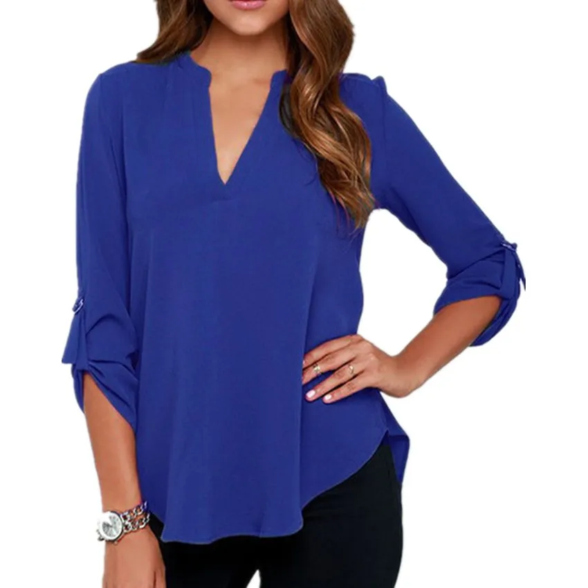 Блузка женская свободная с длинным рукавом и треугольным вырезом 2019|5xl blouse|chiffon