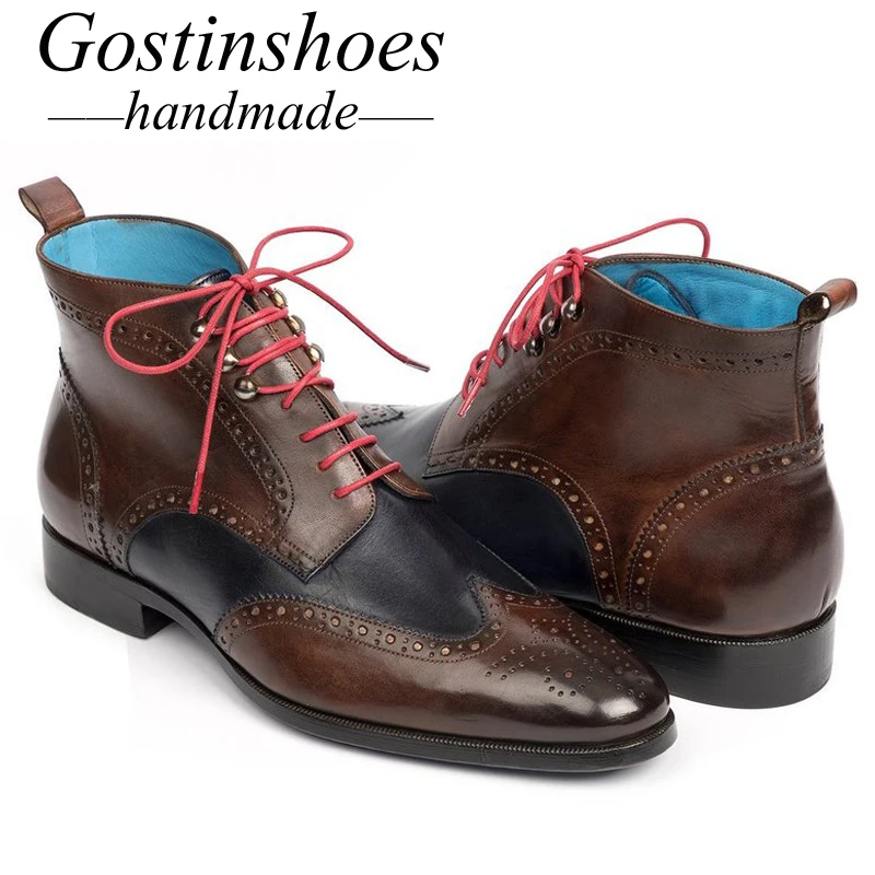GOSTINSHOES/ботинки с перфорацией типа «броги» ручной работы Goodyear; мужские мотоциклетные ботинки из натуральной кожи; армейские рабочие и защитные ботинки на шнуровке с острым SCT44-47