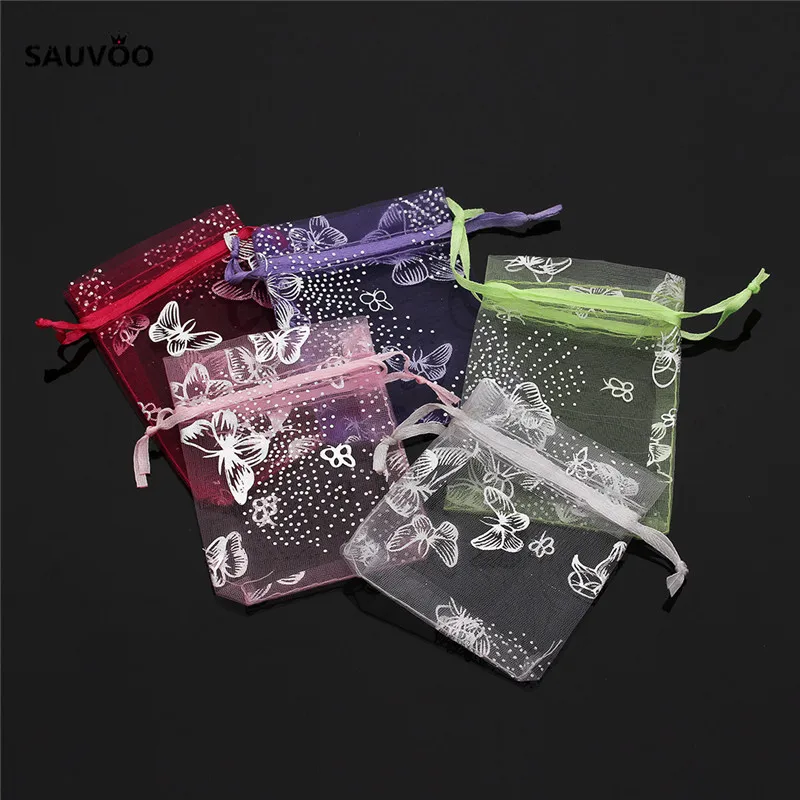 

25pcs/set Mixed Colors Butterfly Jewelry Packaging Drawable Organza Bags 7x9cm 9x12cm Small Jewelry Wedding Bag & Pouches F1740