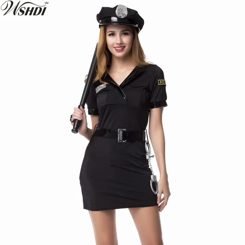 Черный сексуальный женский полицейский костюм Взрослый Хэллоуин косплей