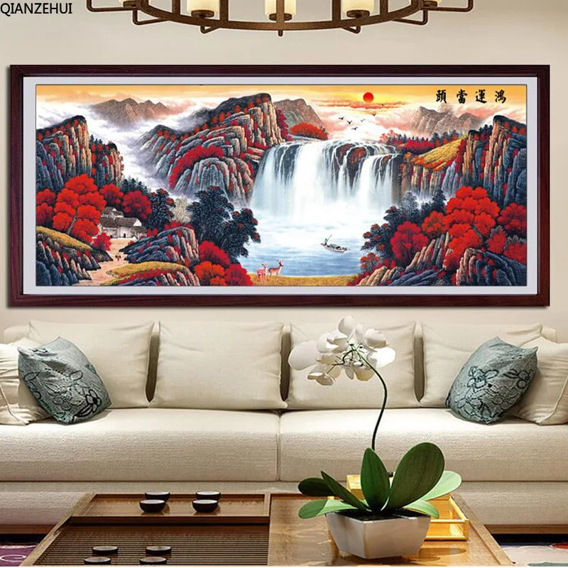 QIANZEHUI Needlework 100% precision printing Red landscape waters Cross stitch Rich tree full embroidery Wall Home Decro | Дом и сад