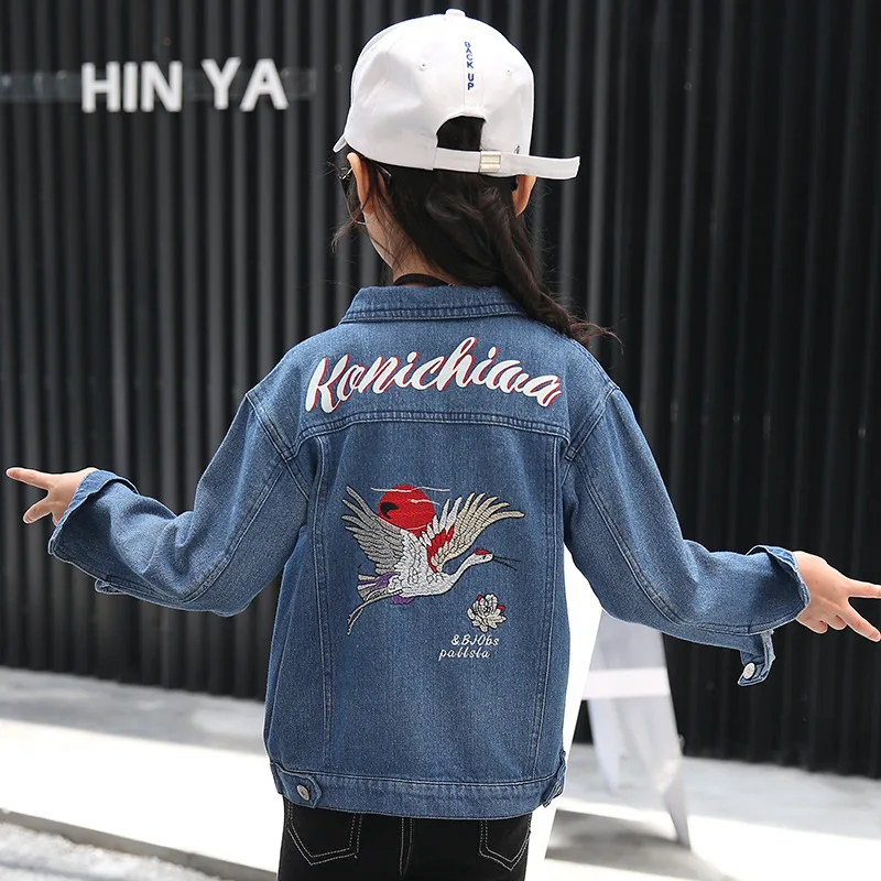 

Rlyaeiz High Quality Girls Denim Jacket 2019 Spring Korean Fashion Hole Back Jeans Jackets Blue Color Girls Pockets Jacket 4-13Y