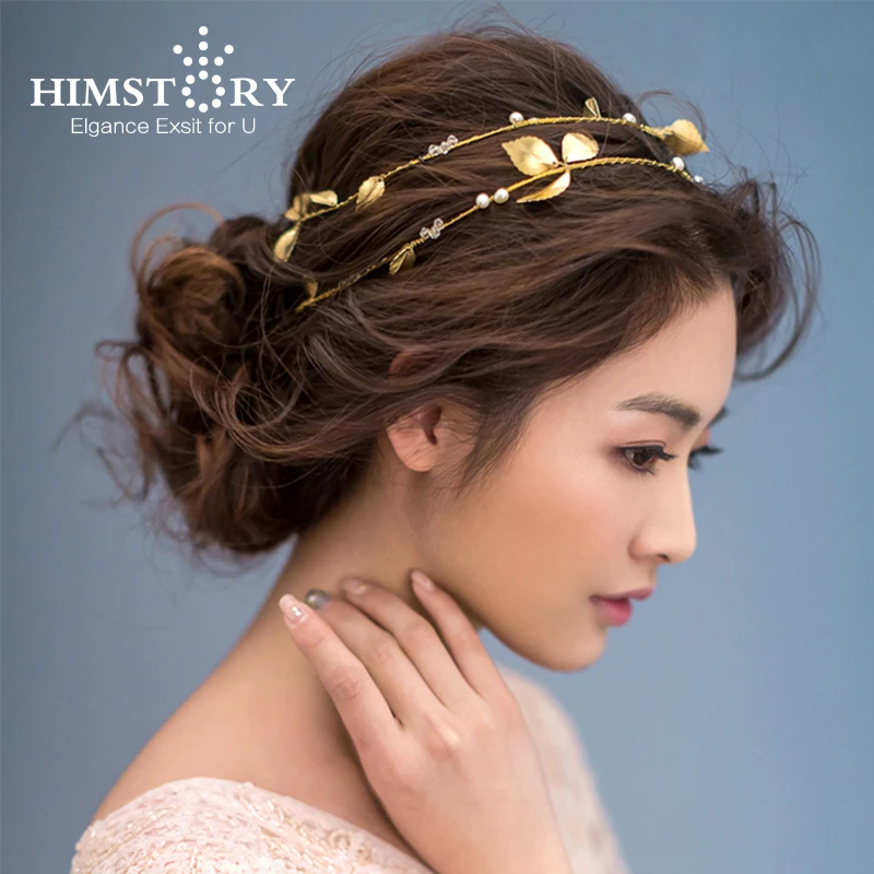 HIMSTORY Free Bending Gold Color Leaf Pearl Hair Jewelry Crystal Headband Girls Ornaments Bridal Wedding Accessories | Украшения и