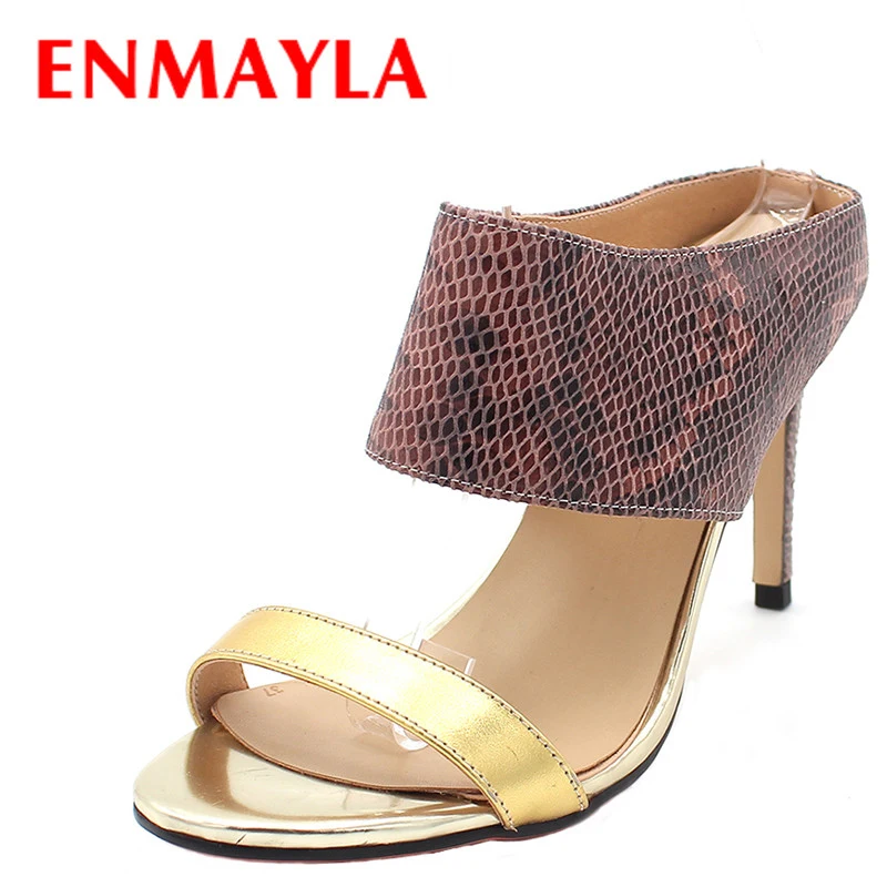 

ENMAYLA Summer Shoes Woman New Silver Gold Colors Snake Print Slip On Sandals Women Sexy High Heels Open Toe Slides Slippers