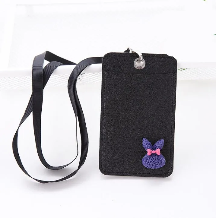 black rabbit Милый мультяшный карамельный цвет из искусственной кожи держатель для карт со шнурком Кролик для девочек Kawaii автобус Чехол для карт значок кредитный держатель для карт s Обложка - Цвет: black rabbit